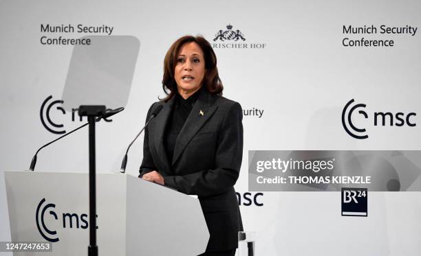 Vice President Kamala Harris addresses participants at the Munich Security Conference in Munich, southern Germany, on February 18, 2023. - The Munich...