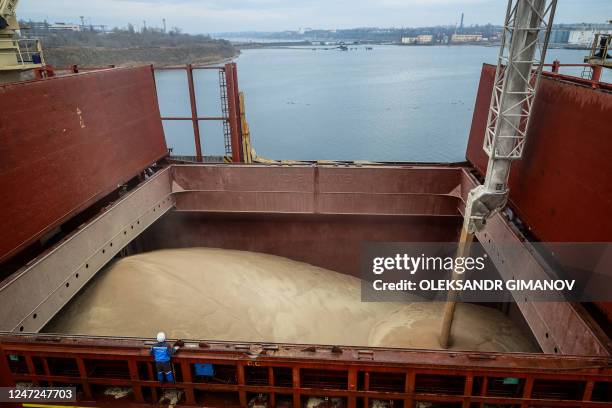 Photo shows the filling of the hold on the UN-chartered vessel MV Valsamitis while it is loaded to deliver 25,000 tonnes of Ukrainian wheat to Kenya...