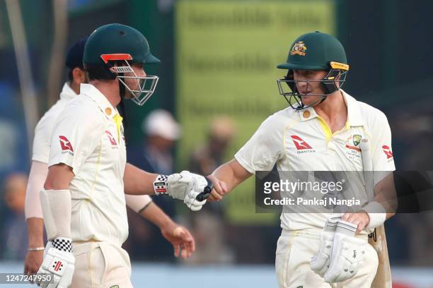 Travis Head of Australia and Marnus Labuschagne of Australia are seen during day two of the Second Test match in the series between India and...