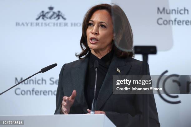 Vice President Kamala Harris speaks during the 2023 Munich Security Conference on February 18, 2023 in Munich, Germany. The Munich Security...