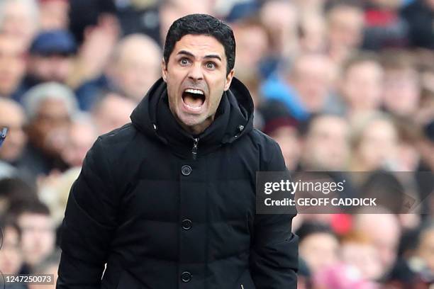 Arsenal's Spanish manager Mikel Arteta gestures on the touchline during the English Premier League football match between Aston Villa and Arsenal at...