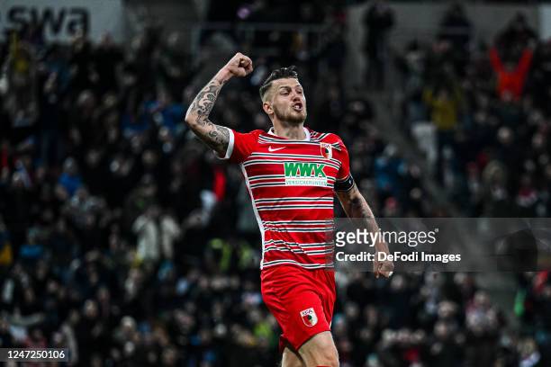 Jeffrey Gouweleeuw of FC Augsburg gestures during the Bundesliga match between FC Augsburg and TSG Hoffenheim at WWK-Arena on February 17, 2023 in...