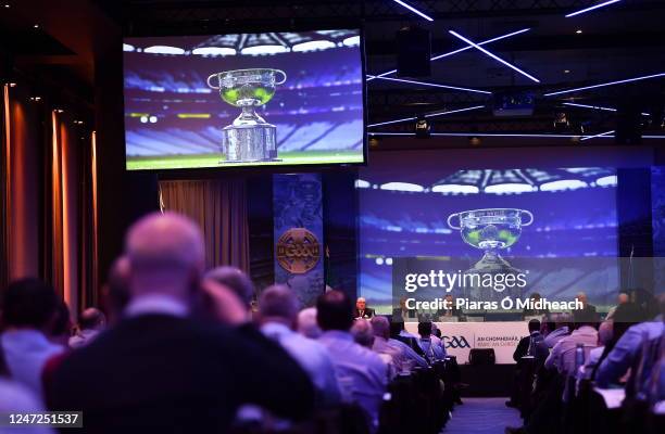 Dublin , Ireland - 18 February 2023; The Sam Maguire Cup is shown on the big screens during day two of the GAA Annual Congress 2023 at Croke Park in...