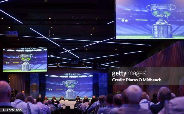 Dublin , Ireland - 18 February 2023; The Sam Maguire Cup is shown on the big screens during day two of the GAA Annual Congress 2023 at Croke Park in...