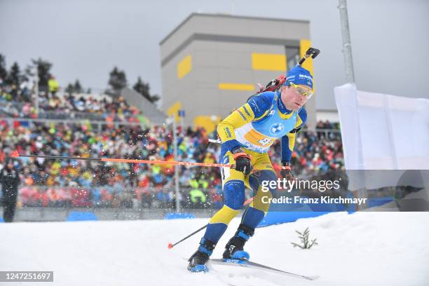 Jesper Nelin of Sweden competes during the Men's 4 x7.5 km Relay at the IBU World Championships Biathlon Oberhof on February 18, 2023 in Oberhof,...