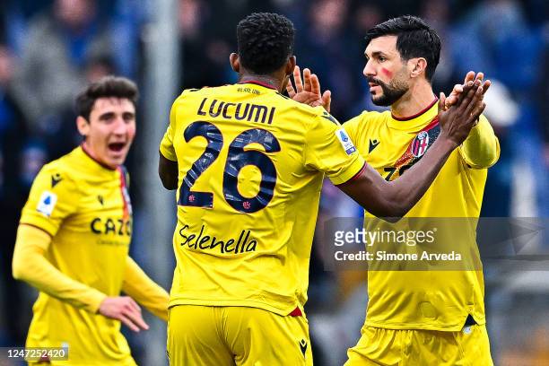 Roberto Soriano of Bologna celebrates with his team-mate Jhon Lucumi after scoring a goal during the Serie A match between UC Sampdoria and Bologna...