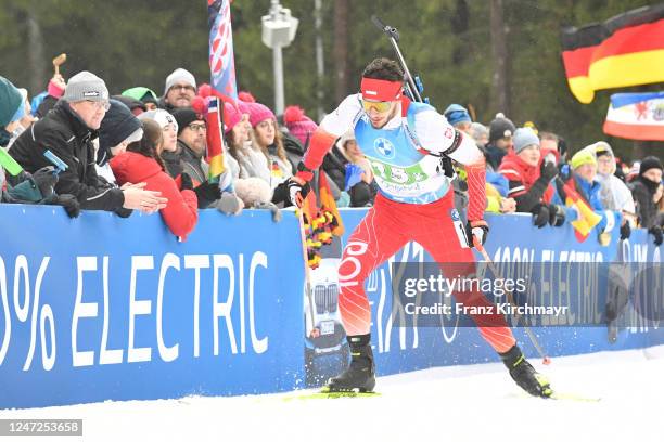 Jan Gunka of Poland competes during the Men 4x7.5 km Relay at the IBU World Championships Biathlon Oberhof on February 18, 2023 in Oberhof, Germany.