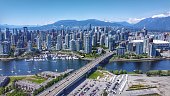 Aerial view of downtown Vancouver and Cambie bridge.