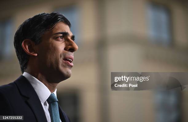 Prime Minister Rishi Sunak gives a television interview on the sidelines of the Munich Security Conference on February 18, 2023 in Munich, Germany....