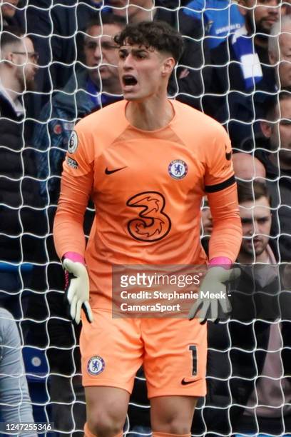 Chelsea's Kepa Arrizabalaga shouts instructions to his team during the Premier League match between Chelsea FC and Southampton FC at Stamford Bridge...