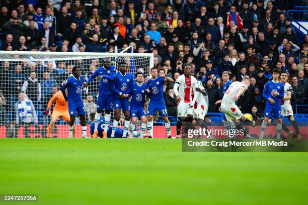 James Ward-Prowse of Southampton scores the opening goal from a free-kick during the Premier League match between Chelsea FC and Southampton FC at...