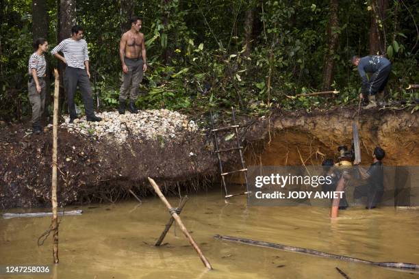 Illegal gold-washers are looking for gold in a river on April 16, 2010 in Ouanary, French Guiana, as scientific crew members of French schooner La...