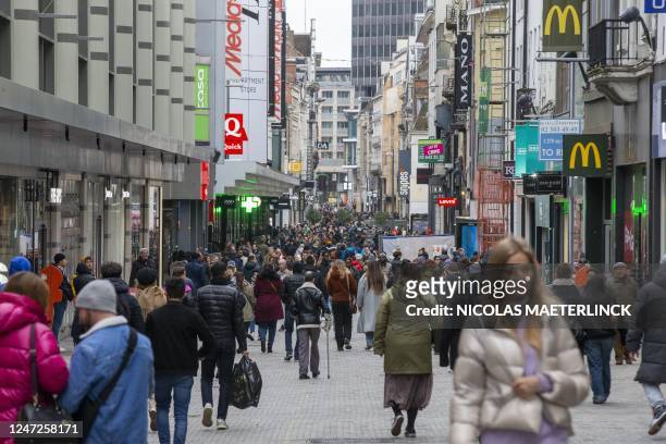 Illustration picture shows people in the Nieuwstraat/ Rue Neuve shopping street in Brussels, Saturday 18 February 2023. BELGA PHOTO NICOLAS...