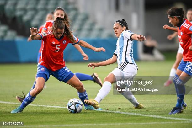 Fernanda Ramirez of Chile National Women's soccer team and Eliana Stabile seen in action during the FIFA Women's World Cup 2023 Playoff held at the...