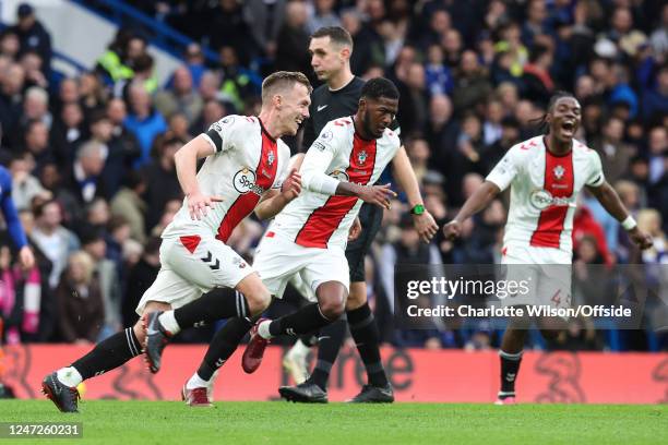 James Ward-Prowse of Southampton celebrates scoring the only goal of the match from a free-kick during the Premier League match between Chelsea FC...