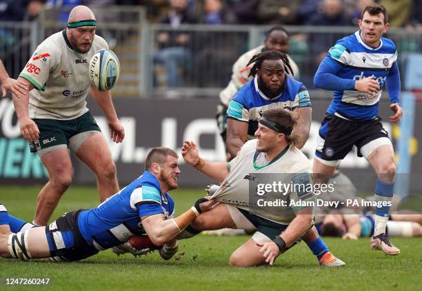 Bath's Fergus Lee-Warner tackles London Irish's Facundo Gigena during the Gallagher Premiership match at the Recreation Ground, Bath. Picture date:...