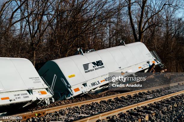 Train derails in Michigan with several cars veering off track in Van Buren Township, in Michigan, United States on February 18, 2023. There are no...