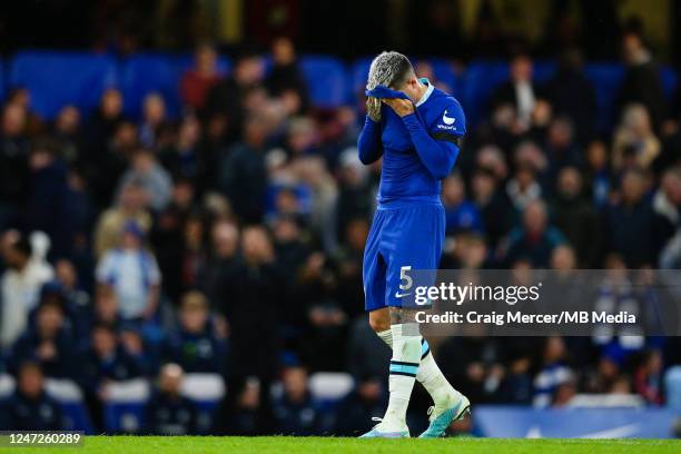 Enzo Fernandez of Chelsea reacts during the Premier League match between Chelsea FC and Southampton FC at Stamford Bridge on February 18, 2023 in...