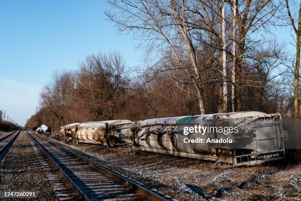 Train derails in Michigan with several cars veering off track in Van Buren Township, in Michigan, United States on February 18, 2023. There are no...