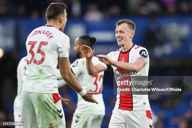 James Ward-Prowse of Southampton celebrates their victory during the Premier League match between Chelsea FC and Southampton FC at Stamford Bridge on...