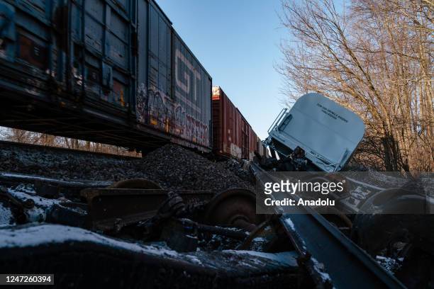 Train derails in Michigan with several cars veering off track in Van Buren Township, in Michigan, United States on February 18, 2023. There are no...