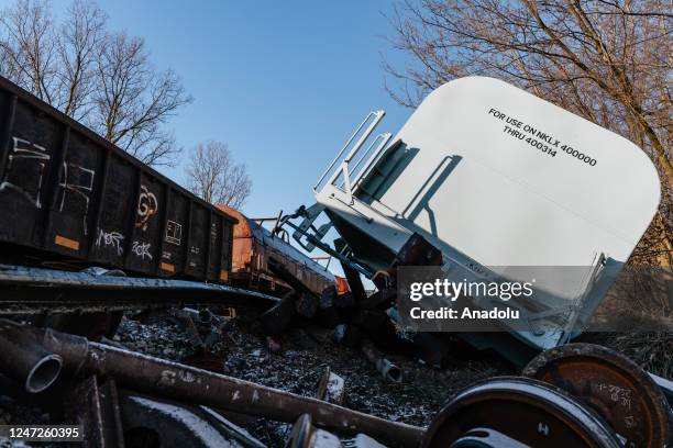 Train derails in Michigan with several cars veering off track in Van Buren Township, in Michigan, United States on February 18, 2023. There are no...