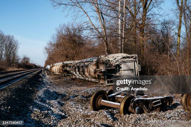 Train derails in Michigan with several cars veering off track in Van Buren Township, in Michigan, United States on February 18, 2023. There are no...