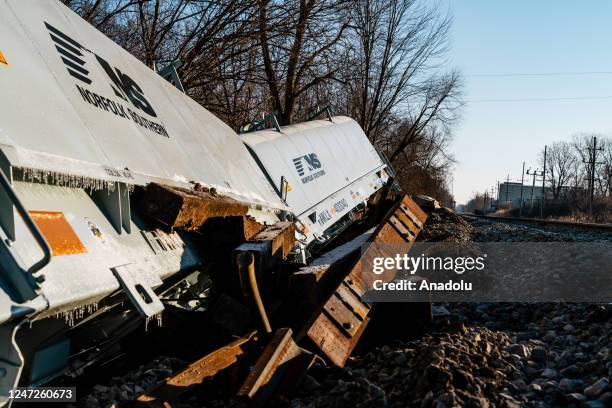 Train derails in Michigan with several cars veering off track in Van Buren Township, in Michigan, United States on February 18, 2023. There are no...