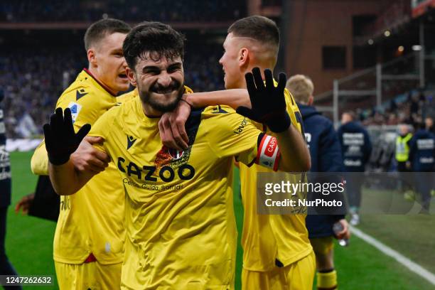 Riccardo Orsolini celebrates after scoring a goal 1 - 2 during the italian soccer Serie A match UC Sampdoria vs Bologna FC on February 18, 2023 at...
