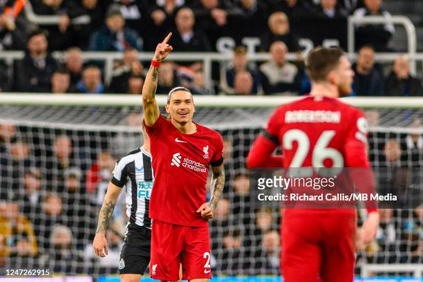Darwin Nunez of Liverpool celebrates after scoring a goal during the Premier League match between Newcastle United and Liverpool FC at St. James Park...