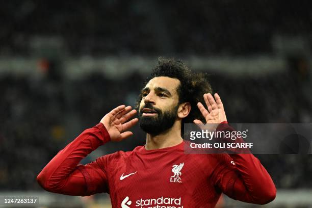 Liverpool's Egyptian striker Mohamed Salah reacts during the English Premier League football match between Newcastle United and Liverpool at St...