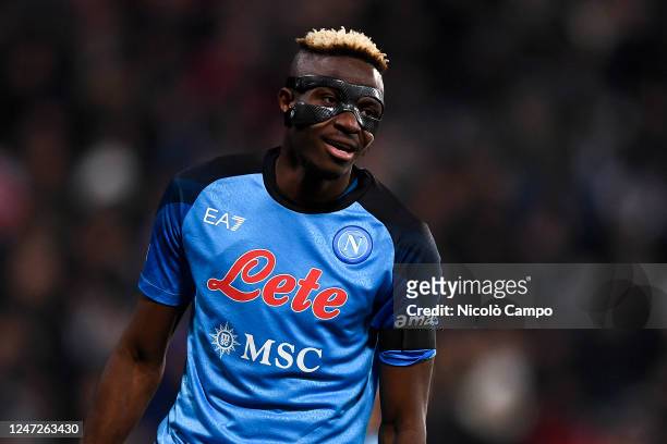 Victor Osimhen of SSC Napoli smiles during the Serie A football match between US Sassuolo and SSC Napoli. SSC Napoli won 2-0 over US Sassuolo.