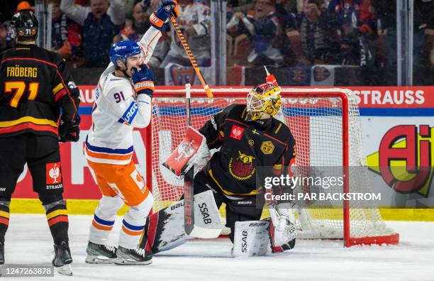 Tappara's Petteri Puhakka celebraters after a goal in front of Lulea´s goalkeeper Matteus Ward during the Champions Hockey League final ice hockey...