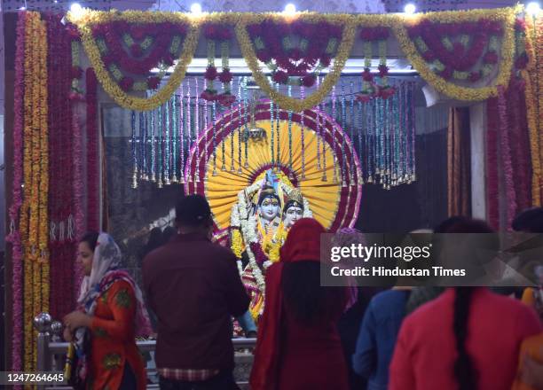 Hindu devotees visit temple during the Maha Shivratri festival at Preet Vihar, on February 18, 2023 in New Delhi, India. Mahashivratri is an...