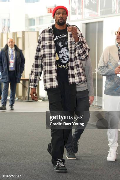 Kevin Durant of the Phoenix Suns arrives to the arena during NBA All-Star Practice presented by AT&T as part of 2023 NBA All Star Weekend on...