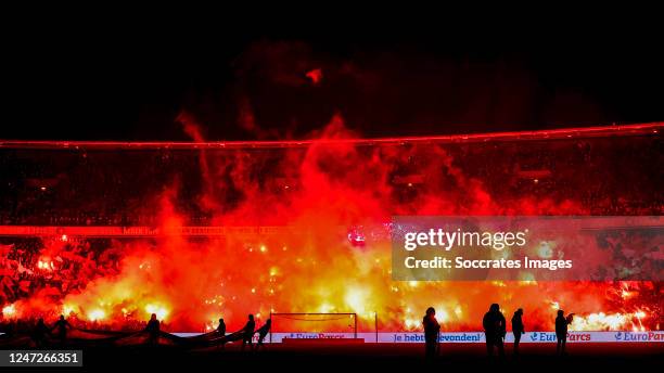 Supporters of Feyenoord with fireworks during the Dutch Eredivisie match between Feyenoord v AZ Alkmaar at the Stadium Feijenoord on February 18,...