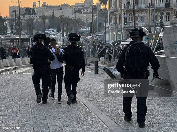 Israeli forces detains 7 Palestinians, 5 of which are children at the Damascus Gate in Jerusalem on February 18, 2023.