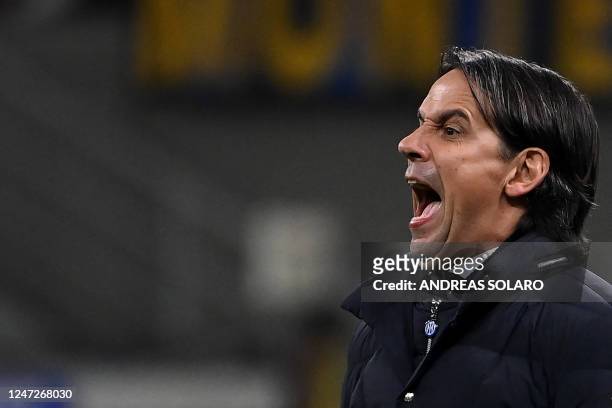 Inter Milan's Italian head coach Simone Inzaghi reacts during the Italian Serie A football match between Inter Milan and Udinese Calcio at San Siro...