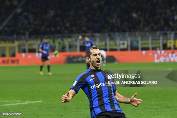 Inter Milan's Armenian midfielder Henrikh Mkhitaryan celebrates scoring his team's second goal during the Italian Serie A football match between...