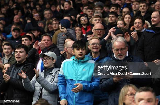 Blackburn Rovers fans celebrate after Daniel Ayala's 89th minute header clinched all three points during the Sky Bet Championship between Blackburn...