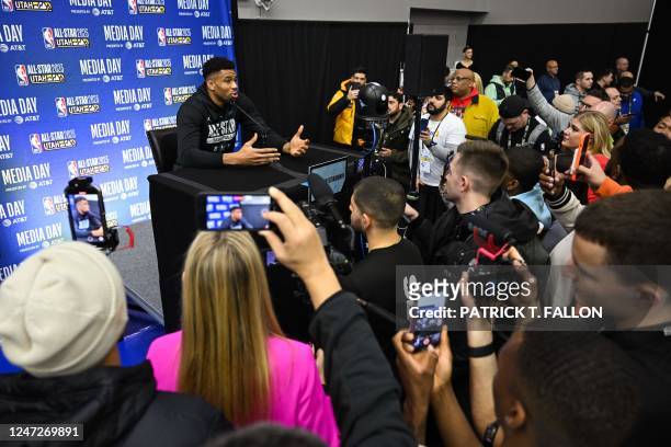 Basketball player Giannis Antetokounmpo, of the Milwaukee Bucks, speaks during a media availability as part of the 2023 NBA All-Star Weekend in Salt...