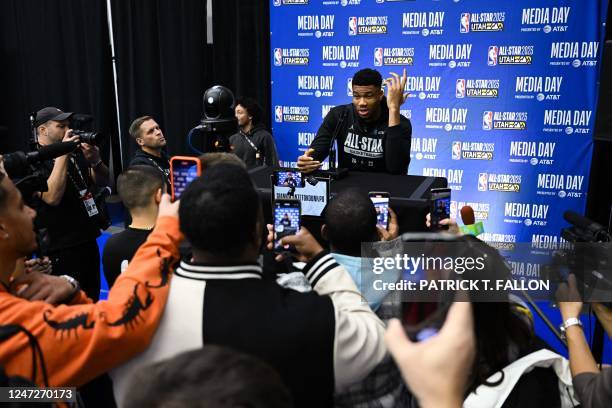 Basketball player Giannis Antetokounmpo, of the Milwaukee Bucks, speaks during a media availability as part of the 2023 NBA All-Star Weekend in Salt...