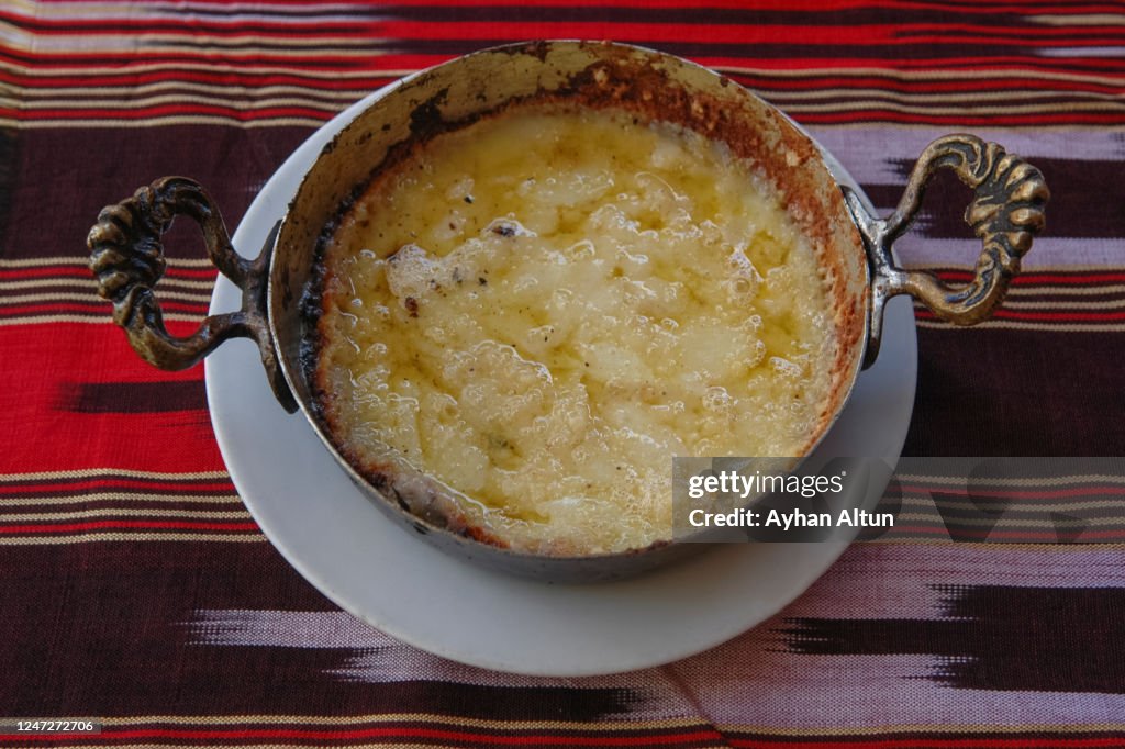 View of a Kuymak in a copper pan, named Muhlama, at Rize province,Black Sea region of Turkey