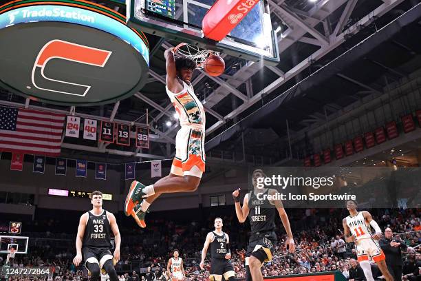 Miami forward Norchad Omier dunks the ball in the first half as the Miami Hurricanes faced the Wake Forest Demon Deacons on February 18 at the Watsco...