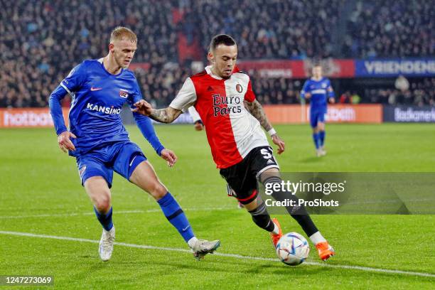 Stadium de Kuip, Dutch Eredivisie Football, season 2022 / 2023, Match between Feyenoord and AZ. Feyenoord player Quilindschy Hartman and AZ player...