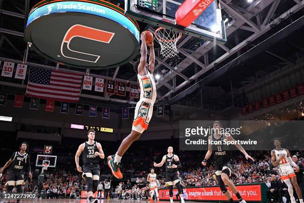 Miami forward Norchad Omier dunks the ball in the first half as the Miami Hurricanes faced the Wake Forest Demon Deacons on February 18 at the Watsco...