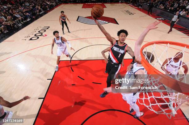 Anfernee Simons of the Portland Trail Blazers shoots the ball during the game against the Dallas Mavericks on January 15, 2023 at the Moda Center...