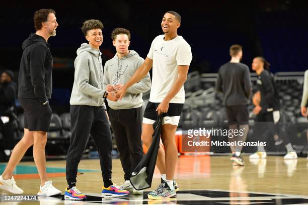 Assistant Coach Candice Dupree and Keldon Johnson of the San Antonio Spurs smile before the game against the Golden State Warriors on January 13,...