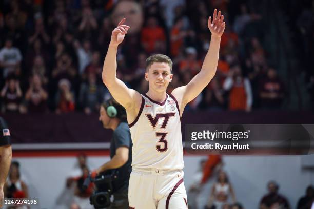 Sean Pedulla of the Virginia Tech Hokies reacts in the first half of a game against the Pittsburgh Panthers at Cassell Coliseum on February 18, 2023...