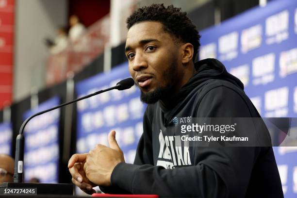 Donovan Mitchell of the Cleveland Cavaliers talks to the press during media availability at NBA All-Star Practice presented by AT&T as part of 2023...